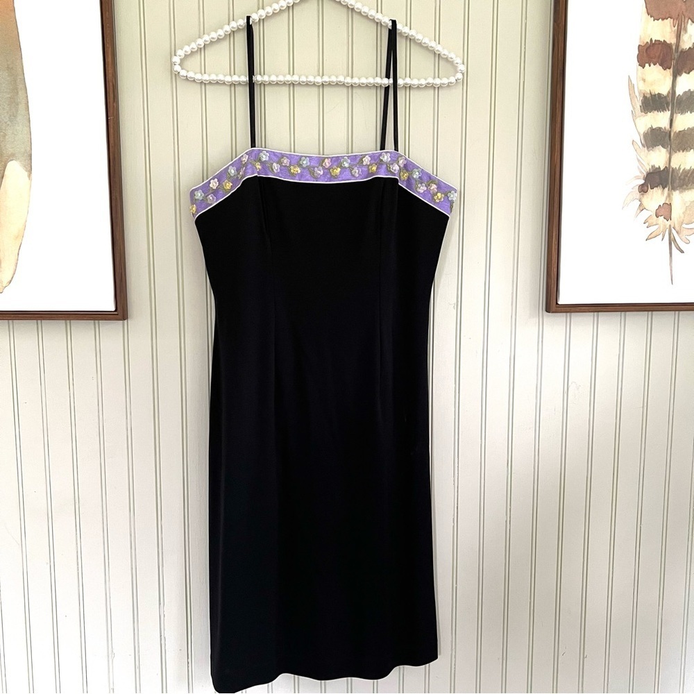 Papell Boutique Strapless Black Mini Dress With Purple 3D Flowers Trim